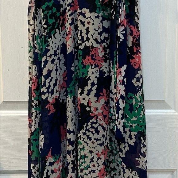 Just Taylor Faux Wrap Maxi Dress Navy Floral Sleeveless Sheer Overlay Lined Sz 2 - Picture 8 of 11